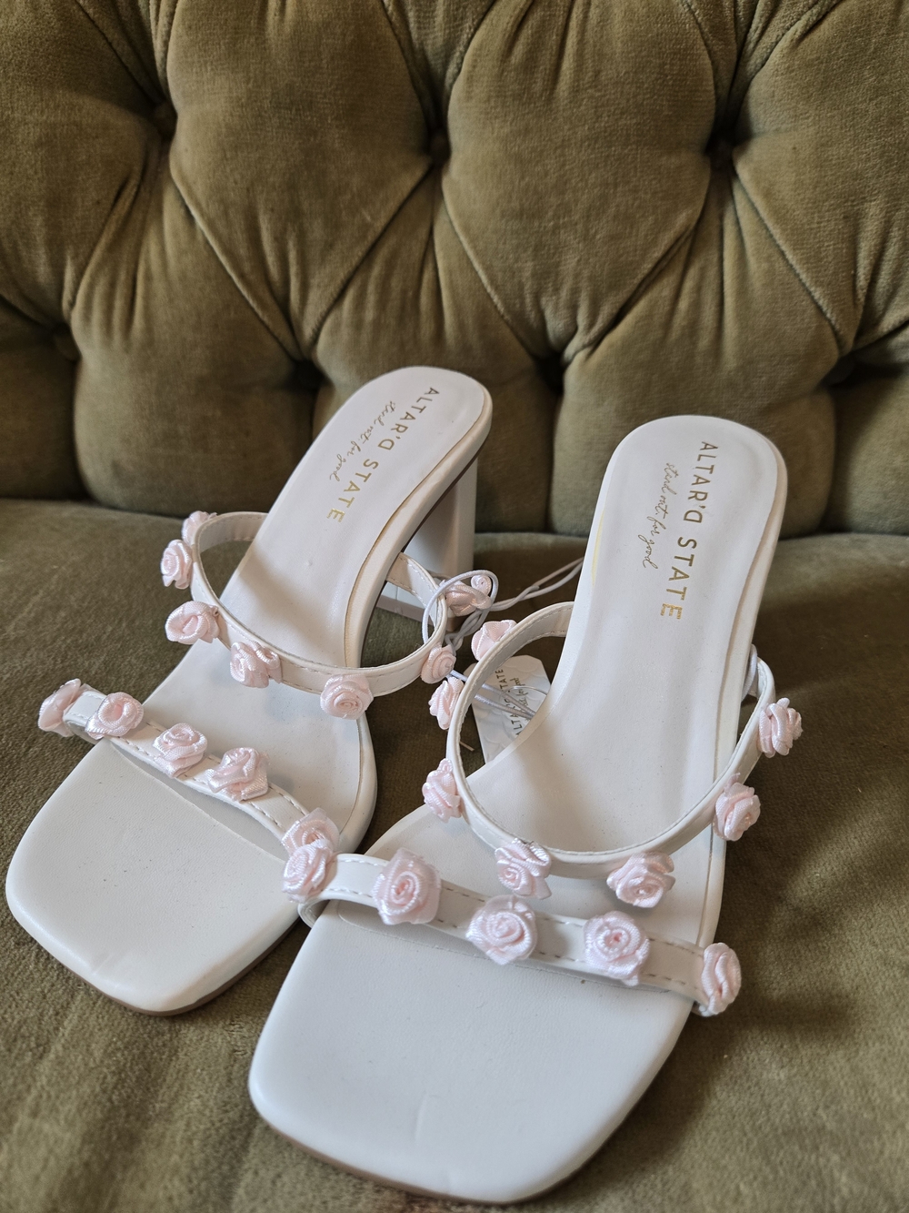 Altar'd State White Heeled Sandals with Pink Rose Appliqués